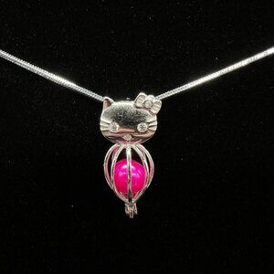 Kitty Cat S925 Pendant Silver Cage Rhinestone Eyes Pearl Holder Necklace